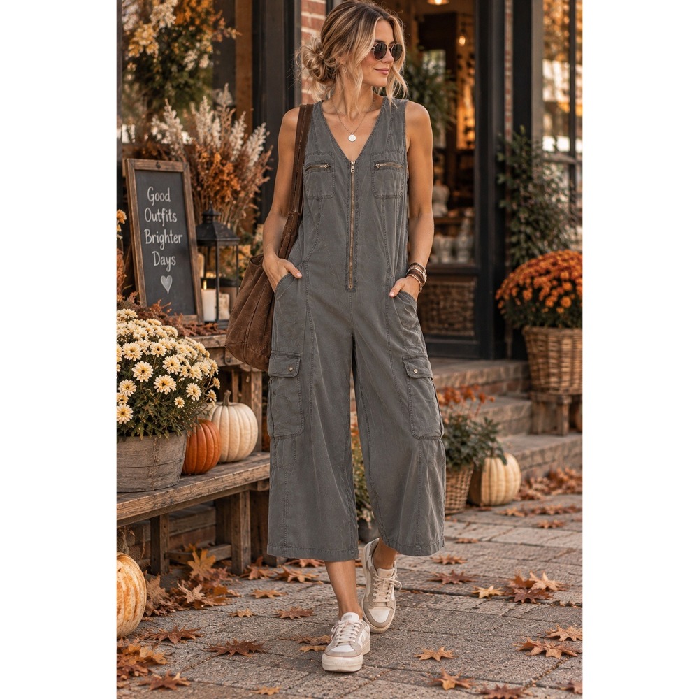 XCVI XL Gray Tencel Cargo Jumpsuit Wide Leg Lagenlook Utility Boho Artsy